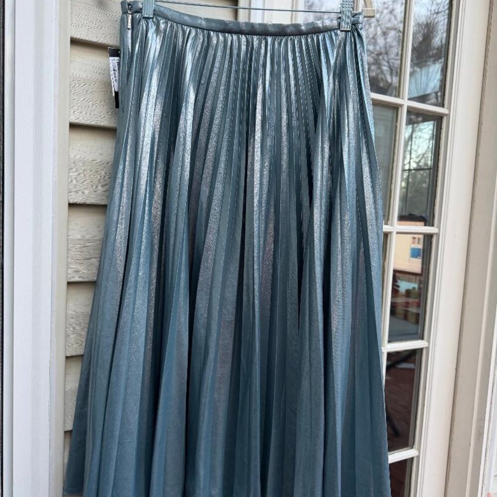 NWT Lauren Ralph Lauren Blue Metallic Pleated Chiffon Midi Skirt, Size 6
